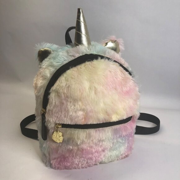 Betsey Johnson Fuzzy Gold Rainbow Unicorn Horn Small Backpack - Picture 9 of 16